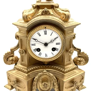 French Figural Mantel Clock, Gilt Spelter 8-Day Bell Striking Mantle Clock, view 2