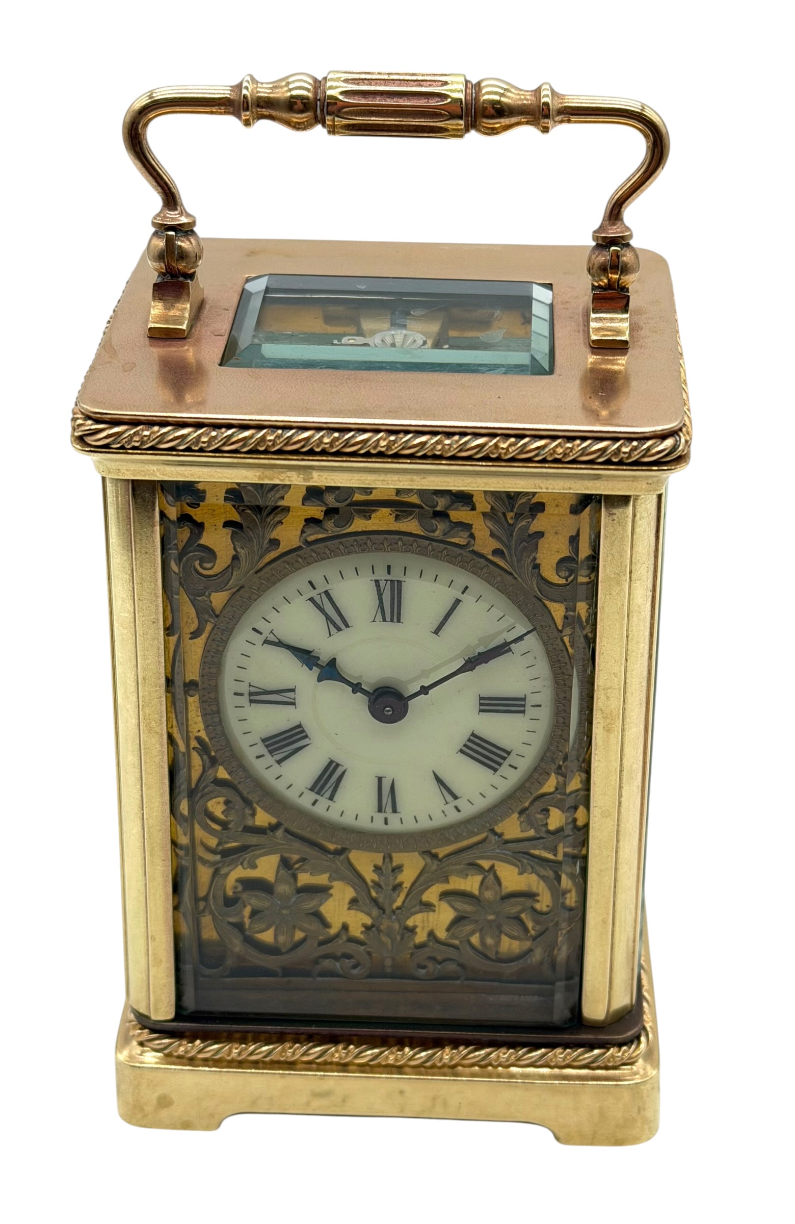 Fine Antique French Mantel Carriage Clock c.1890 Fret Work Panels Arabic Numerals